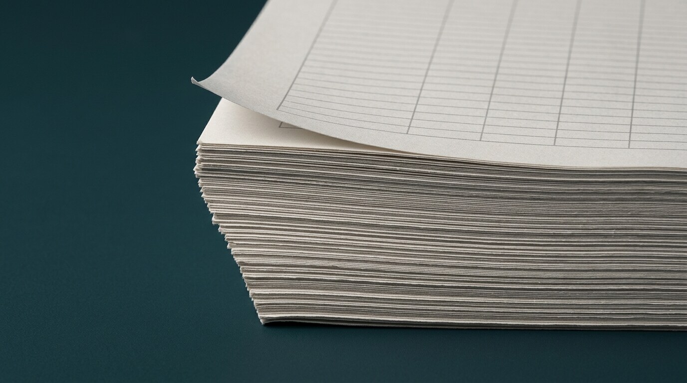 A stack of printed spreadsheets, fanned so the edges catch the light